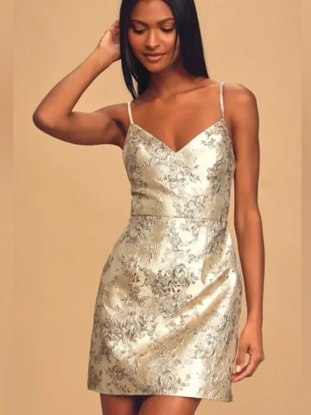 Lulu's Metallic Gold Floral Jacquard Mini Dress NWT
